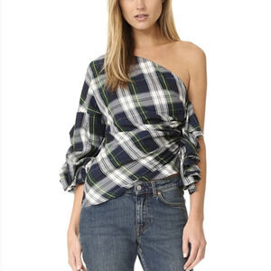 Petersyn Blue Green Plaid One Shoulder Ruffle Puff Sleeve Top